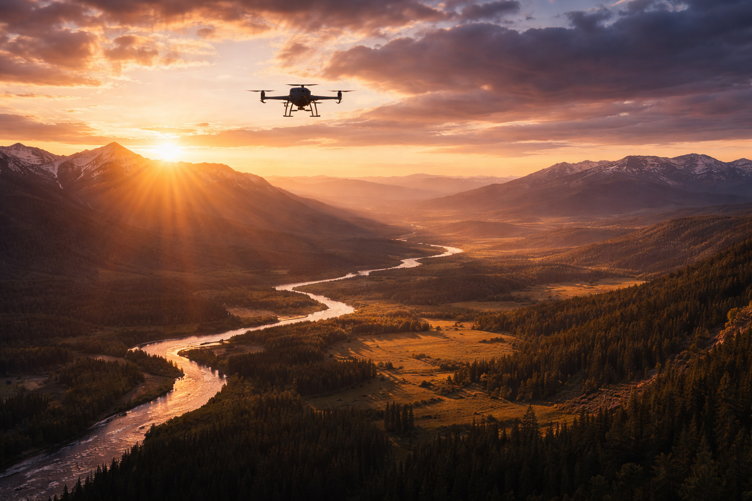 Drone flying over dramatic mountain landscape at sunset