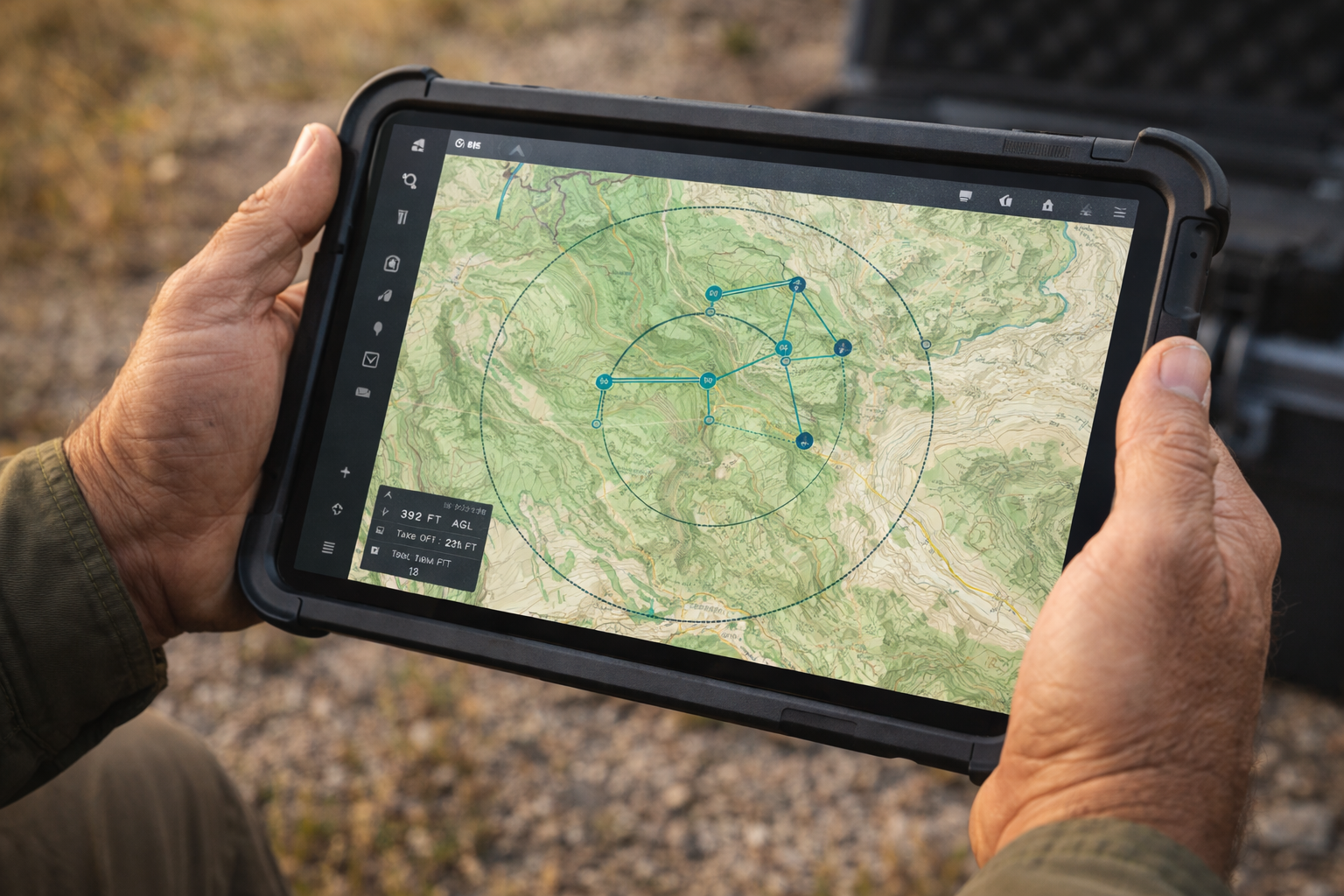 Tablet displaying mission planning interface in the field