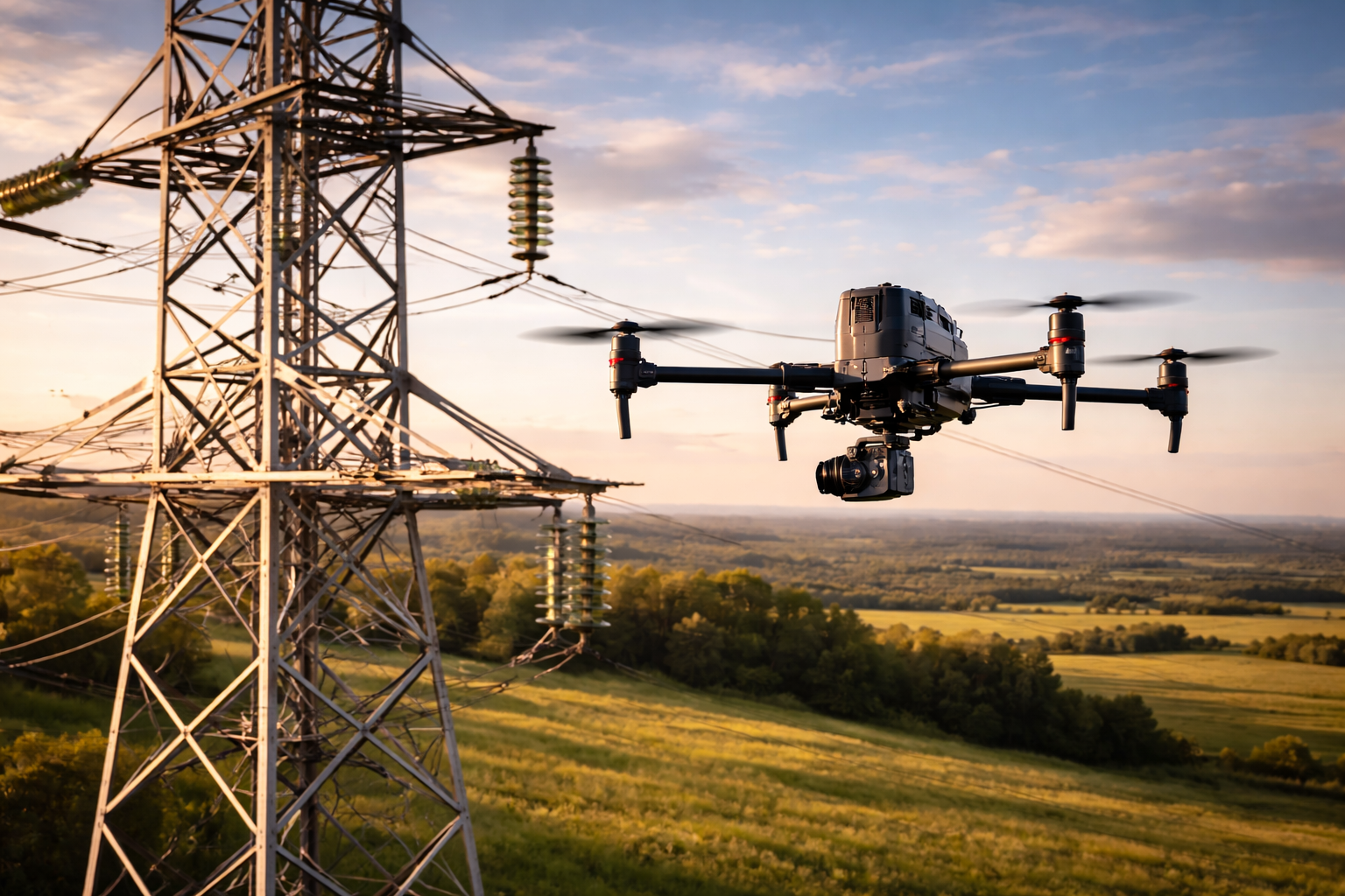 Drone inspecting power line infrastructure